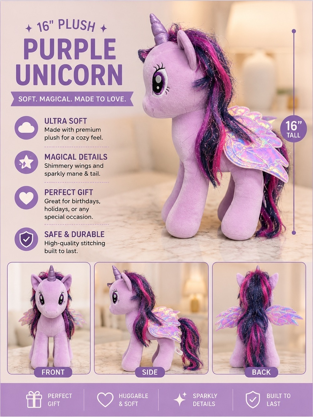 My Little Pony Purple Unicorn Plush with Pink and Blue Mane